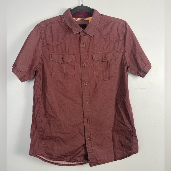 Prana Borla burgundy Mini dotted print casual button down size small - Picture 2 of 6